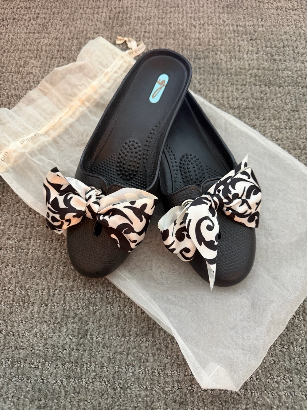 NEW- OKA b. Black Slip-On Mules with Black & White Bow